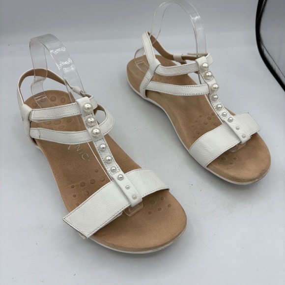 Vionic Sandals Shoes Womens Size 9 Mikah White Leather Strap Pearl Stud Comfort - Picture 1 of 10